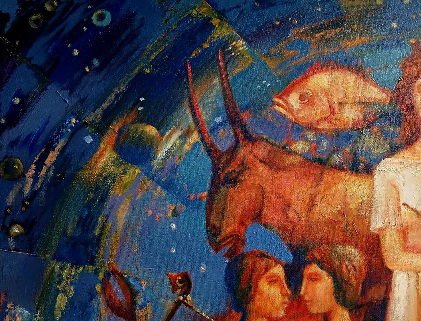 Textured reddish-brown zodiac goat with long horns on cosmic background by Anatoly Tarabanov
