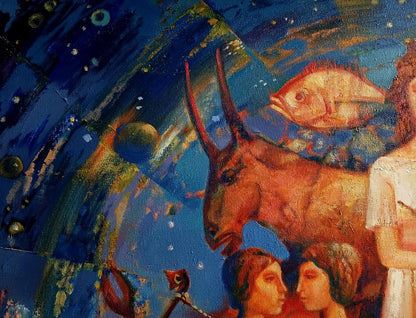 Textured reddish-brown zodiac goat with long horns on cosmic background by Anatoly Tarabanov