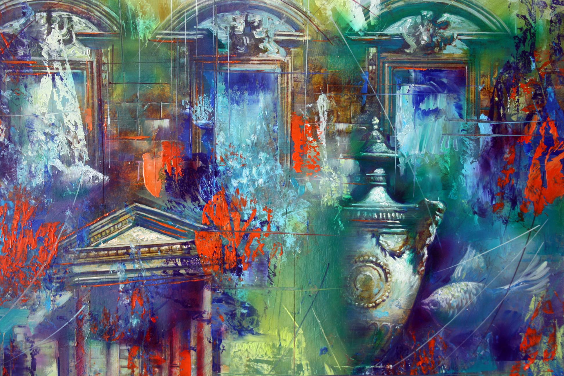 Oil painting Forgotten still life by Alexander Dobrodiy with teal columns