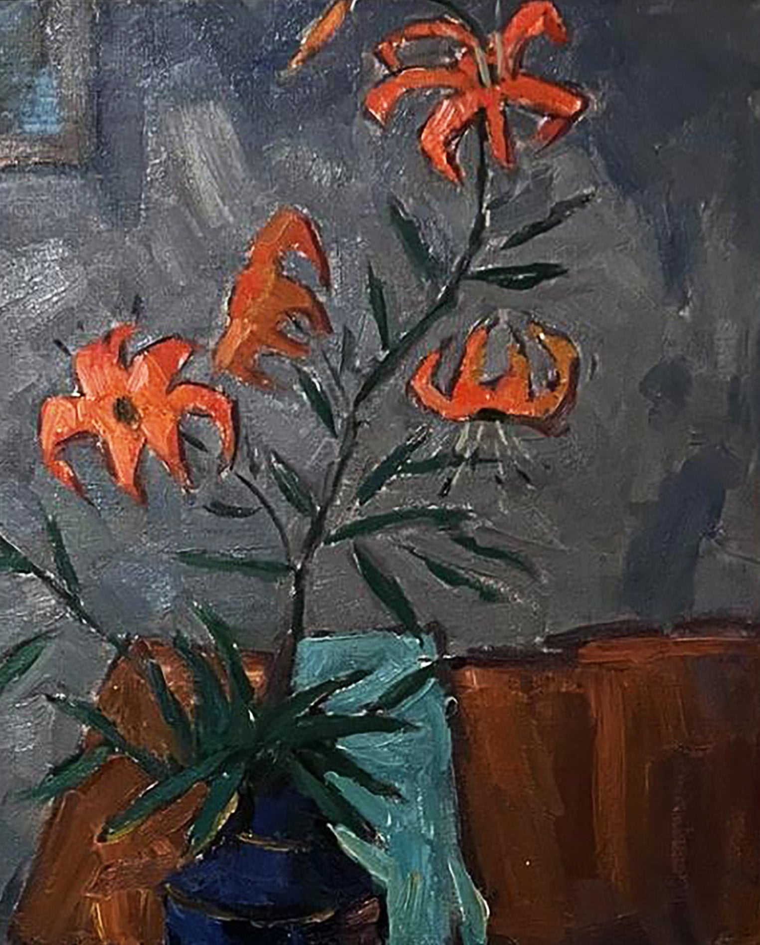 Oil painting of vibrant orange lilies by Oleksandr Andreev in blue vase