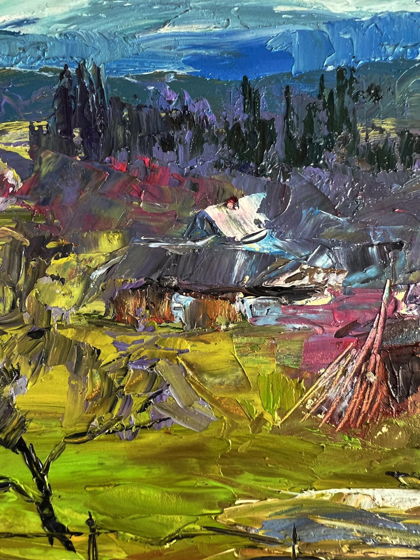 Vibrant impressionist oil painting of village in mountains by Boris Serdyuk