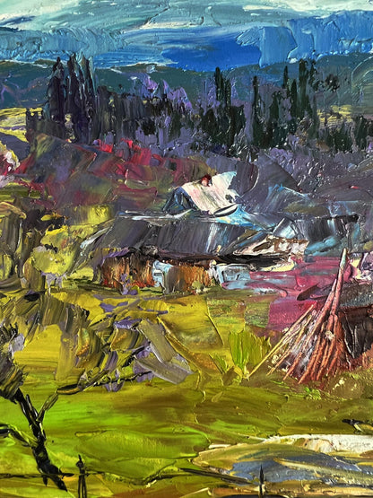 Vibrant impressionist oil painting of village in mountains by Boris Serdyuk