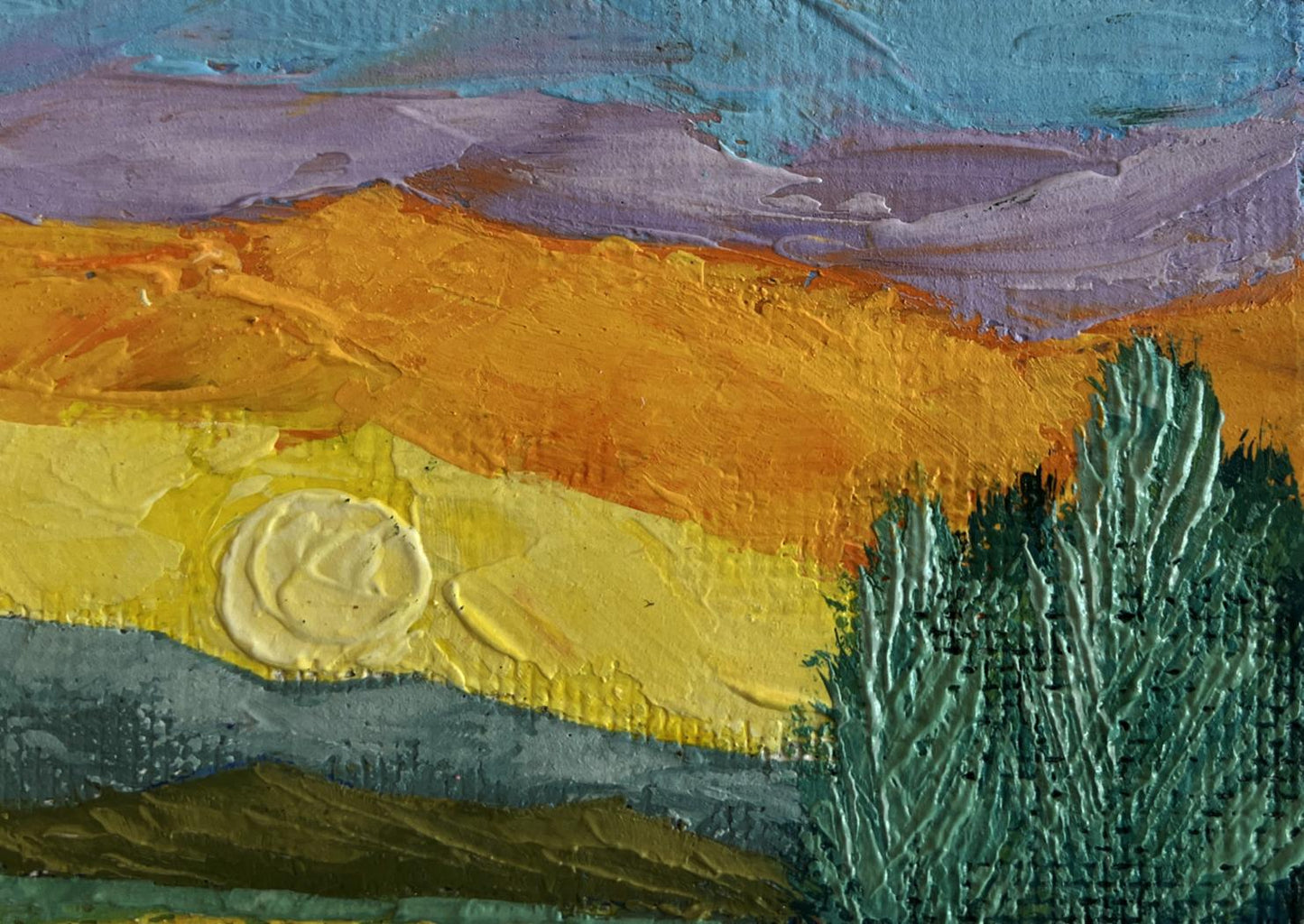 Vibrant textured oil painting of sunset by V. Zadorozhnya with impasto strokes