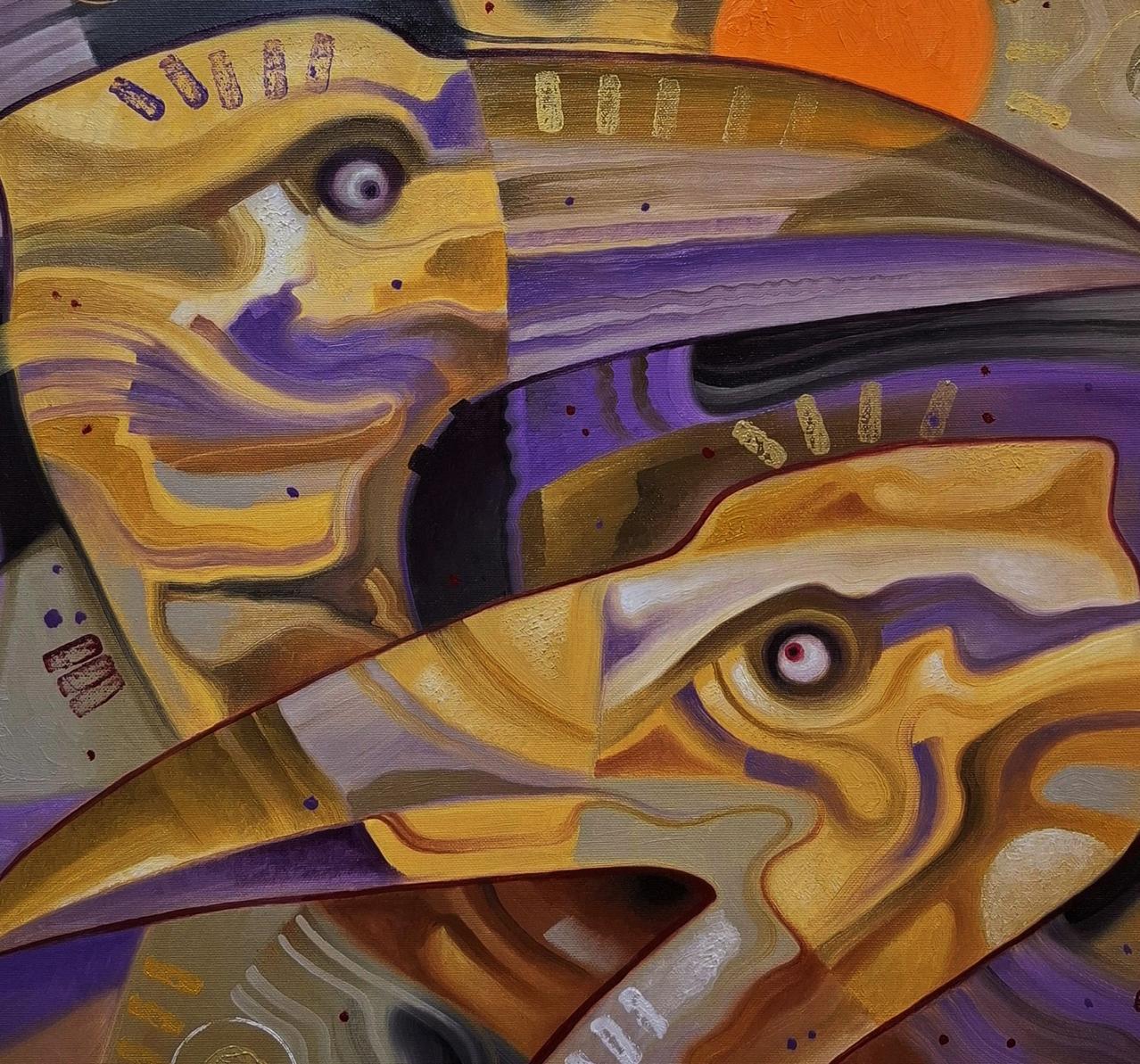Oil painting The Lost World by Sergiy Voichenko with gold purple bird heads
