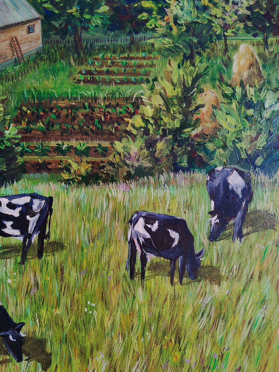 Oil painting of black and white cows grazing in lush green village field by Oksana Sklym