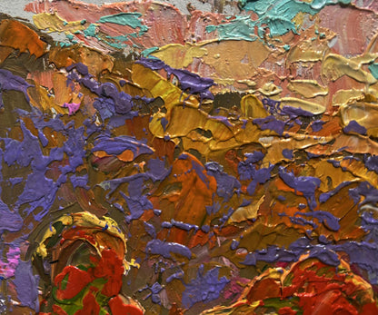 Vibrant Autumn Crimson oil painting by Oleksiy Ivanyuk in gold, purple, orange, red