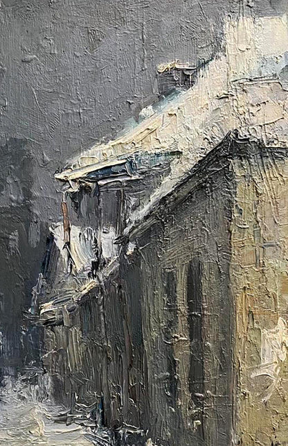 Oil painting Snowy street by Volodymyr Pashchenko, weathered facade