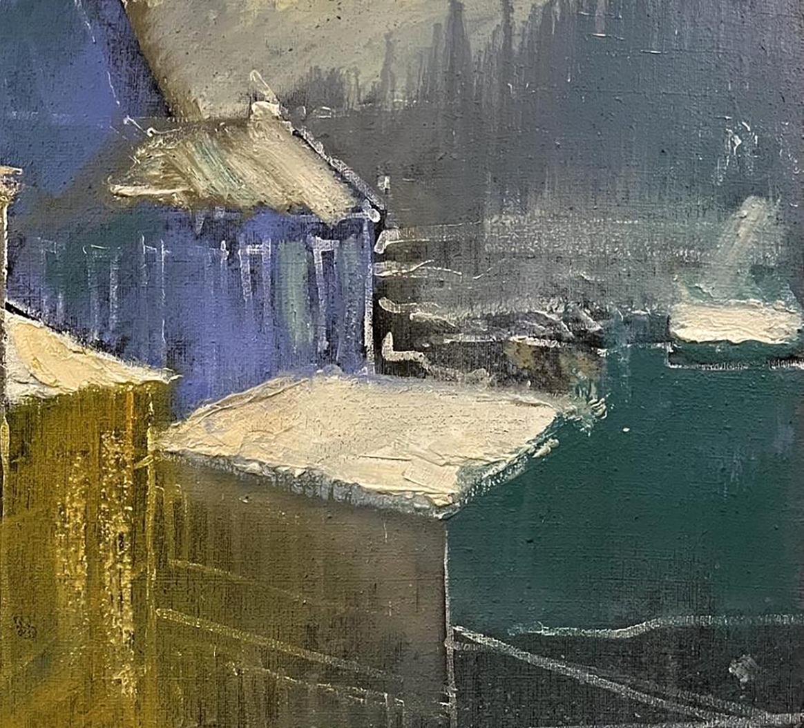 Oil painting of snow-covered blue roofs by Serhiy Kovalev