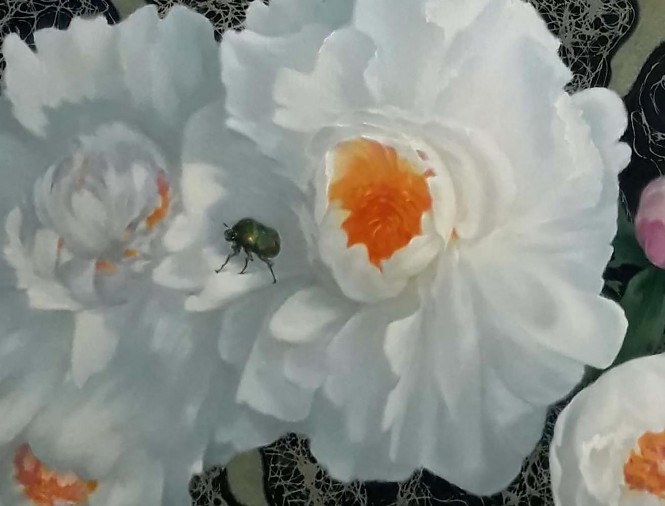 Oil painting by Vasily Korkishko: metallic green beetle on white peony