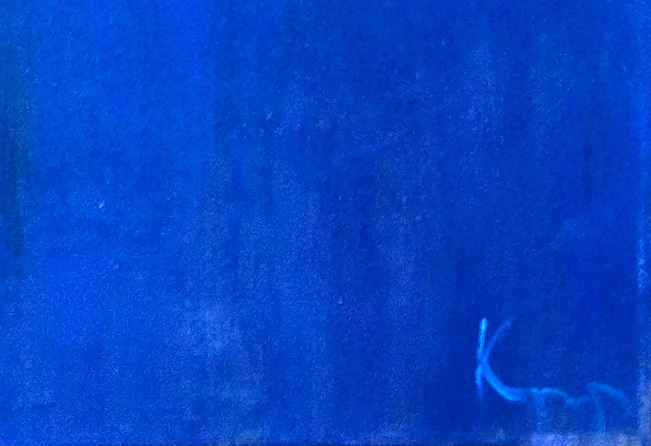 Oil painting Fog on the Lake by Natalia Korf-Ivaniuk, textured deep blue canvas