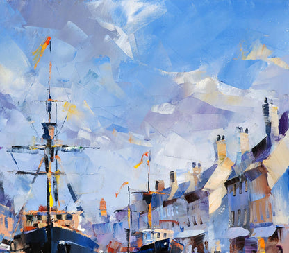 Vibrant oil painting Fantasies of Port of Gandia by Volodymyr Gluhomanyuk