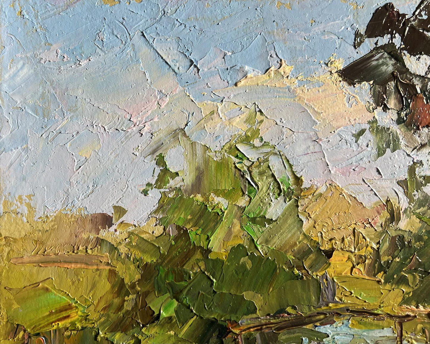 Oil painting landscape with geese by Boris Serdyuk, textured impasto greens