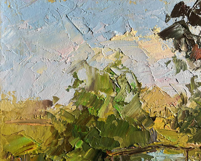 Oil painting landscape with geese by Boris Serdyuk, textured impasto greens