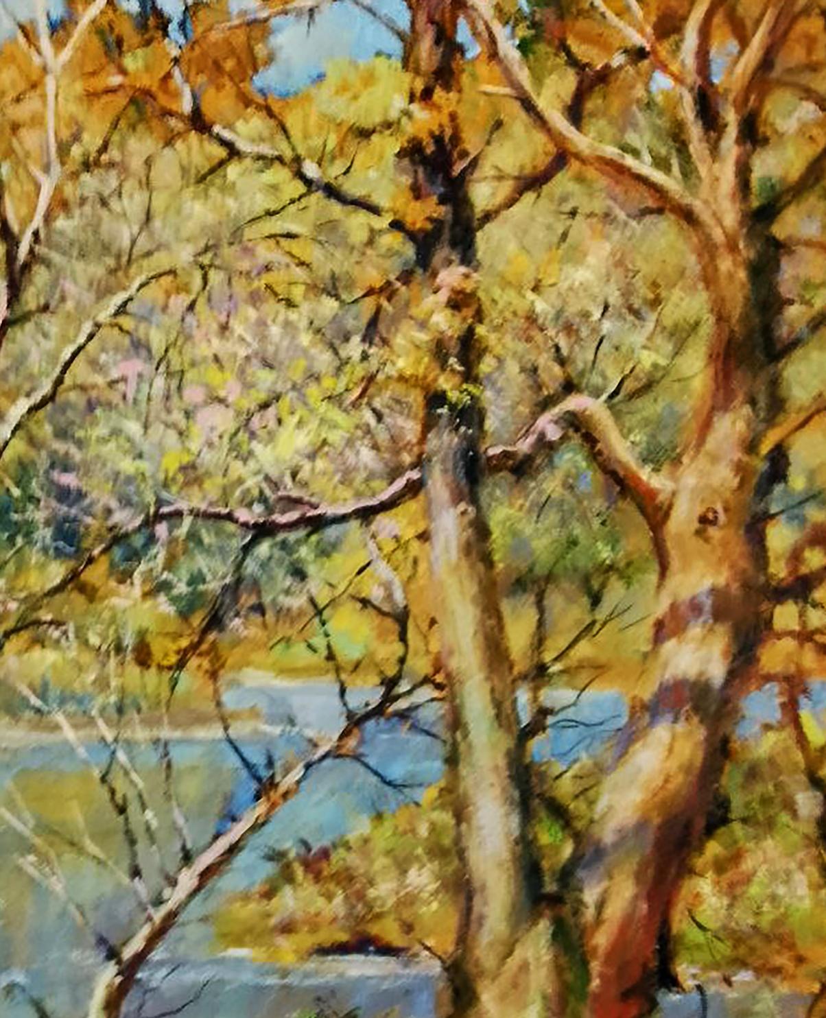 Impressionistic oil painting of autumn forest river by Vitaly Duhnevich