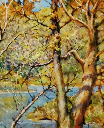 Impressionistic oil painting of autumn forest river by Vitaly Duhnevich