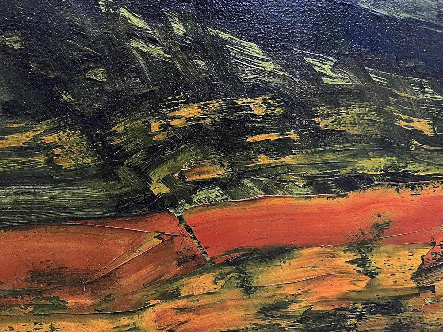 Oil painting City project by Serhiy Kovalev with textured green black orange-red strokes
