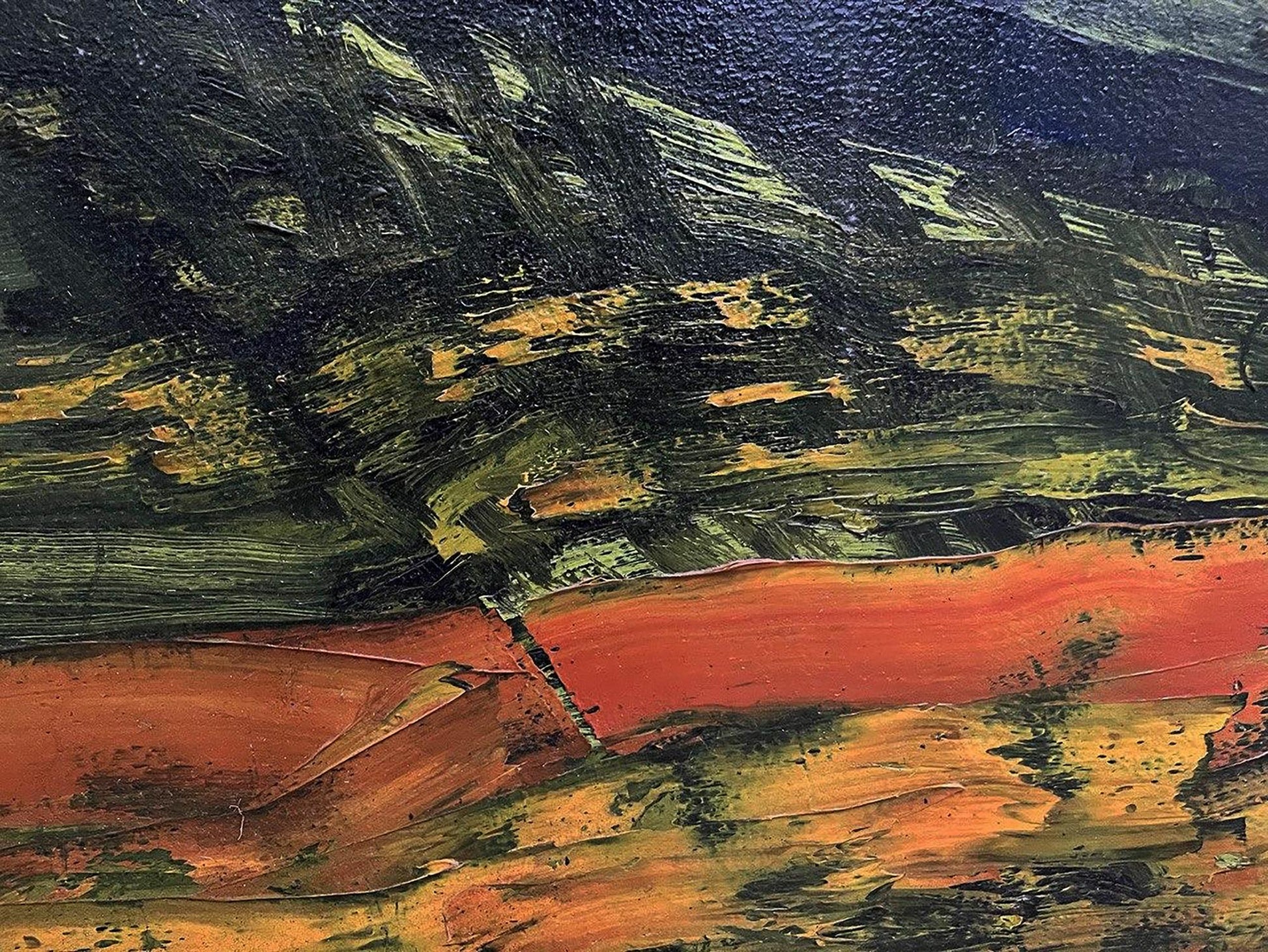 Oil painting City project by Serhiy Kovalev with textured green black orange-red strokes