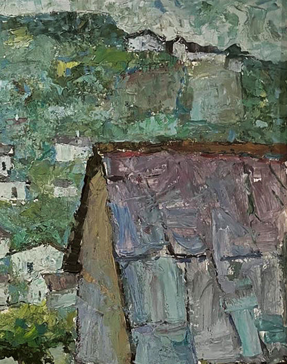 Oil painting Roofs of houses by Oleksandr Andreev: village on green hills