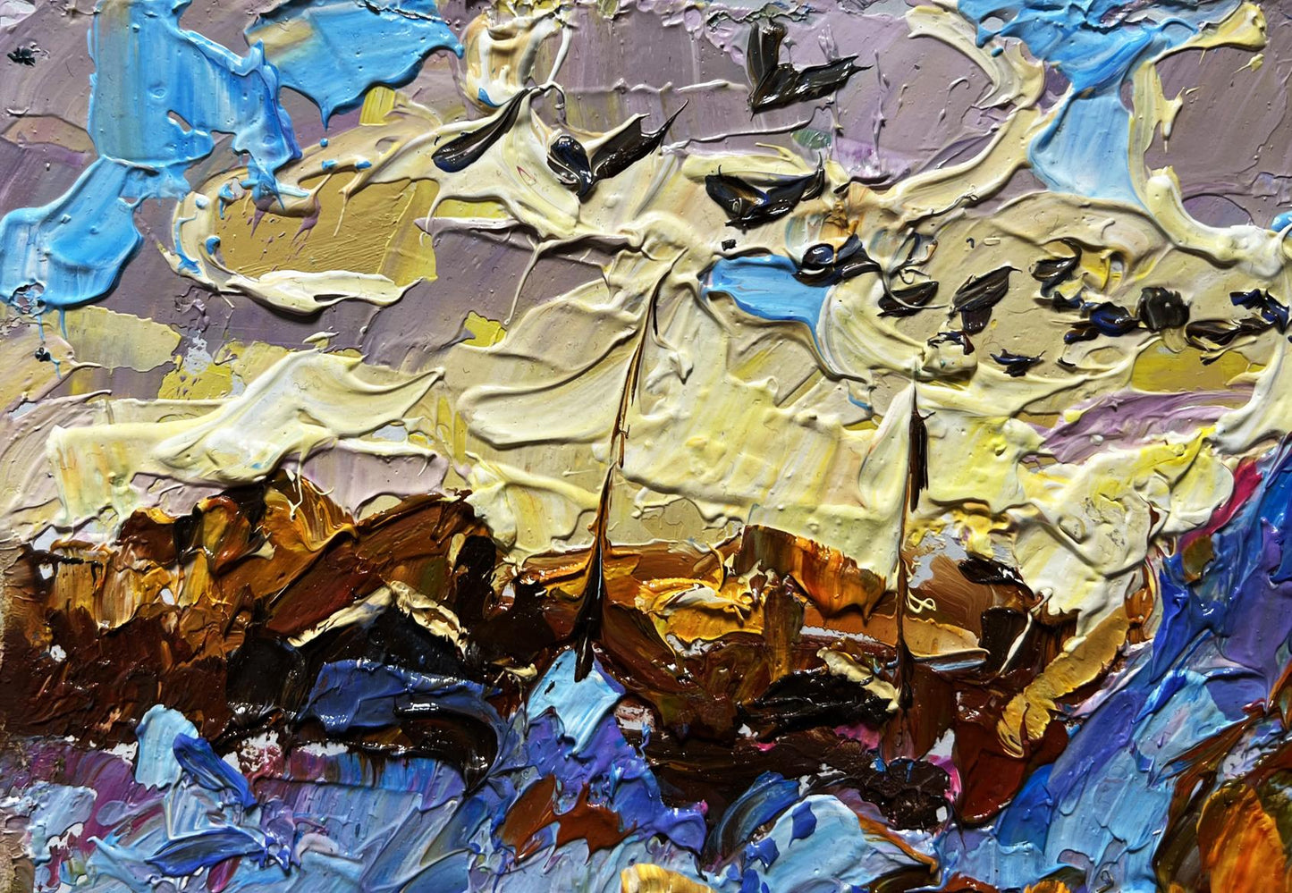 Oil painting Frosty evening by Oleksiy Ivanyuk with textured blue, yellow impasto strokes