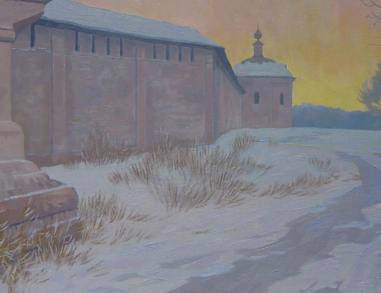 Oil painting Winter evening Valery Savenets: snow-covered stone fortress and domed chapel under golden sky