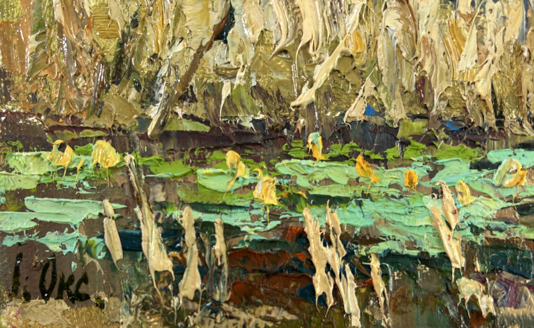 Impasto oil painting of pond with green lily pads and yellow flowers by Oksana Ivanyuk