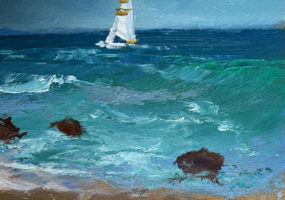 Oil painting of lonely white sailboat with gold trim on turquoise ocean by Yuriy Suprunchuk