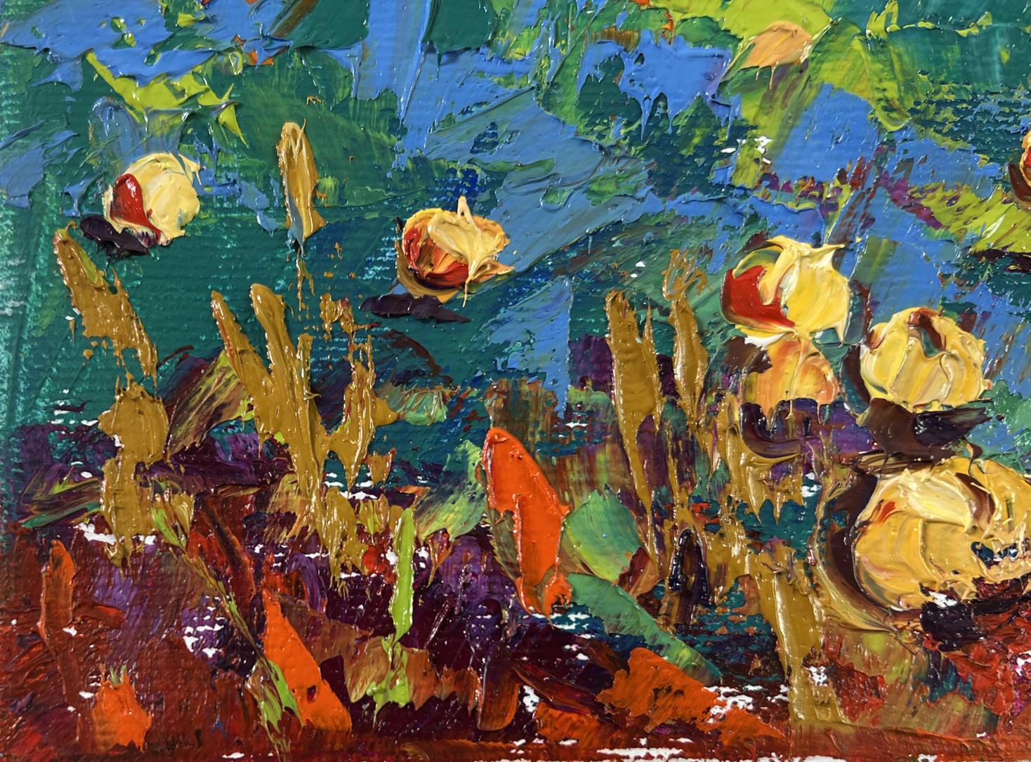 Vibrant Work in the Garden oil painting by Oleksiy Ivanyuk with yellow roses