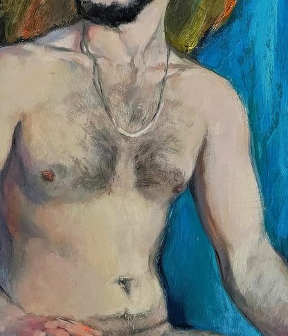 Oil painting of silver chain necklace on mans neck by Oksana Osnach