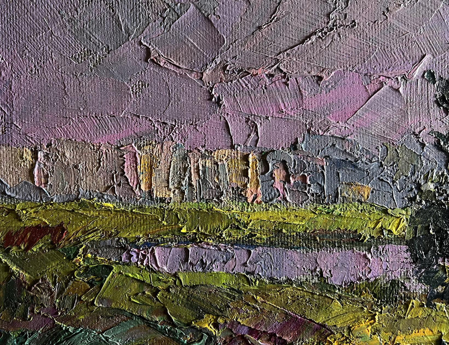 Oil painting Natural meadow by Boris Serdyuk, textured purple green gray impasto