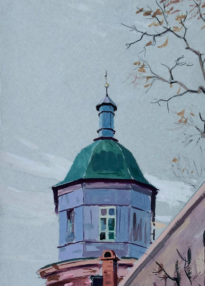Gouache painting of Vitaly Duhnevich Chapel: blue tower with green dome