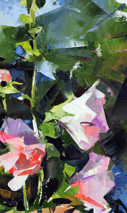 Vibrant oil painting of pink flowers by Volodymyr Gluhomanyuk