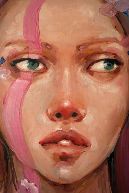 Oil painting Pink rain by Victoria Kagalovska: woman with green eyes, pink brushstrokes