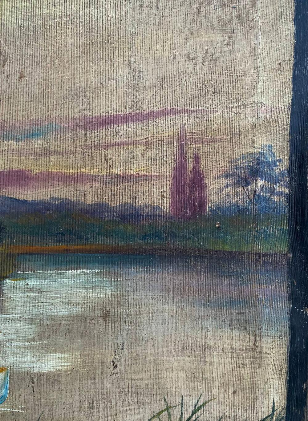 Oil painting Near the Monastery: serene lakeside in purple-blue hues