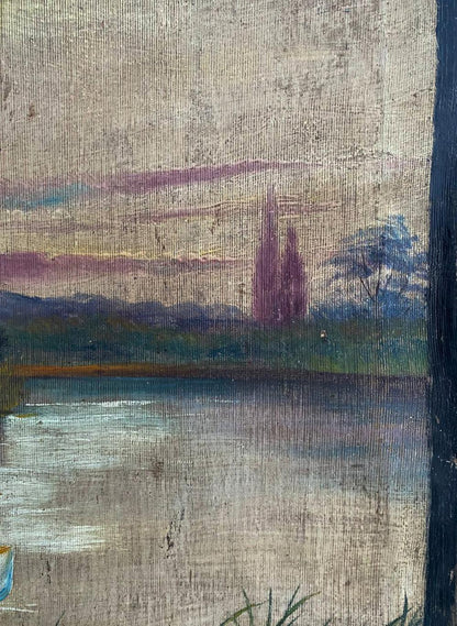 Oil painting Near the Monastery: serene lakeside in purple-blue hues