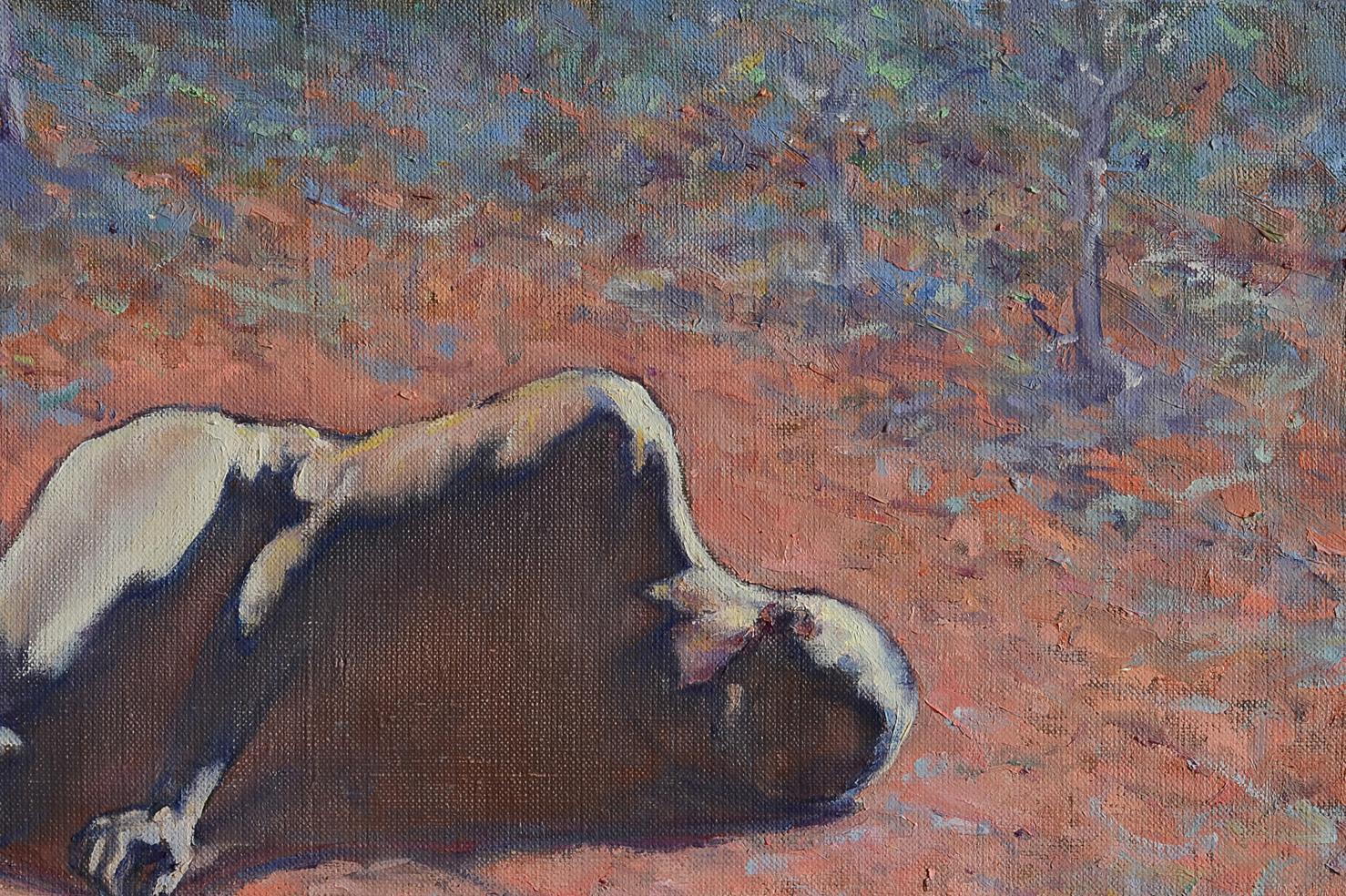 Oil painting Colour dream by Oleg Kateryniuk: reclining dog on reddish earth
