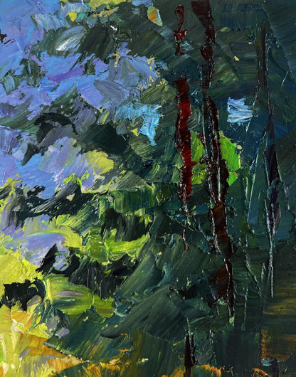 Oil painting Warm light spreading around Boris Serdyuk with green blue yellow strokes red drips