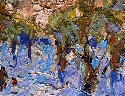 Oil painting In the winter forest park by Oleksiy Ivanyuk, textured blues and greens