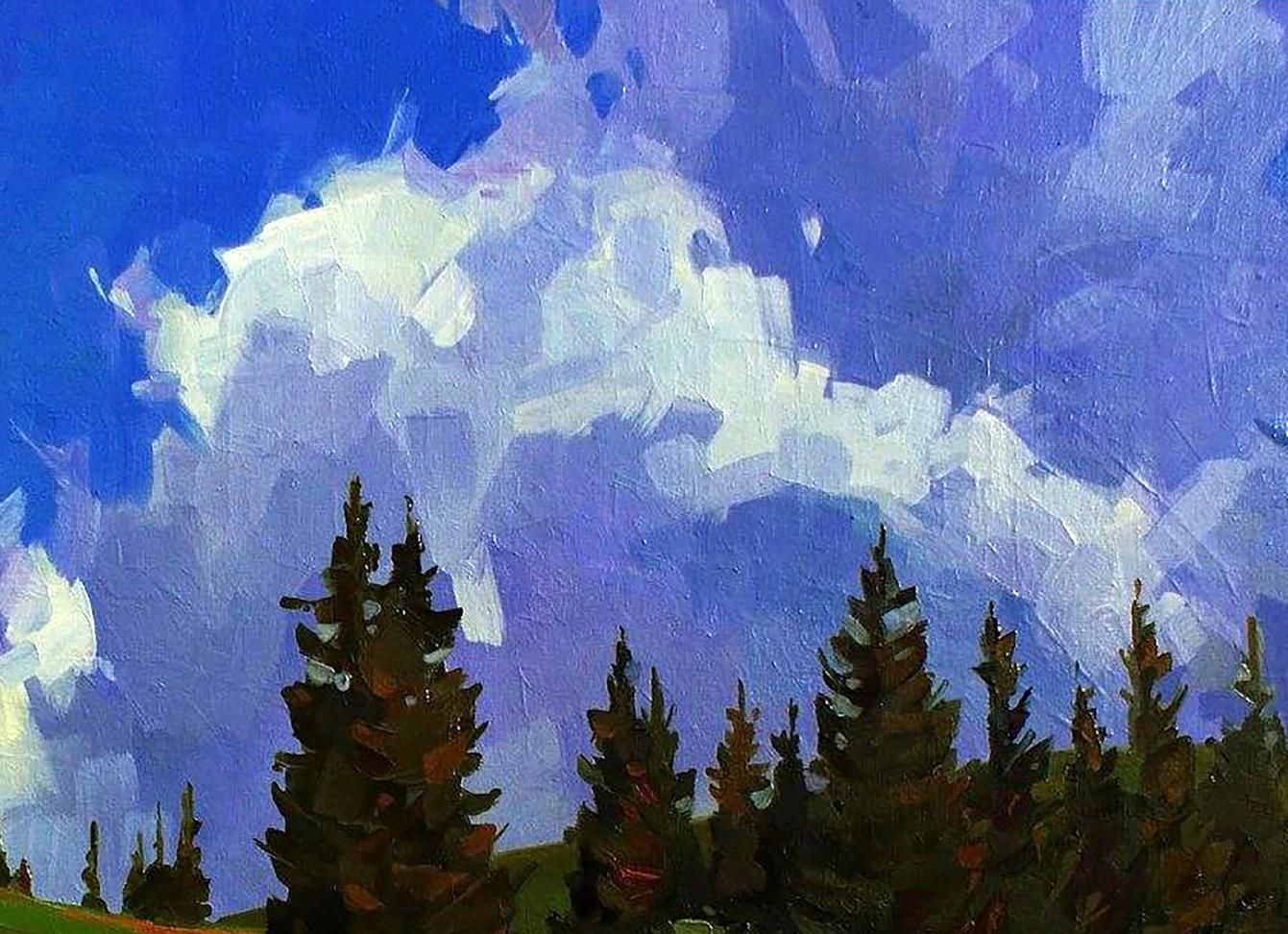 Oil painting of vibrant blue sky, fluffy clouds over dark green pine trees in mountain forests by Anastasia Yaroshevich