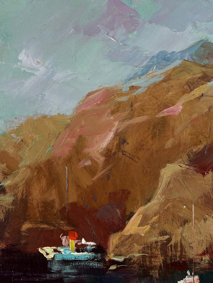 Oil painting of sails on small boat against mountains by Yuriy Suprunchuk