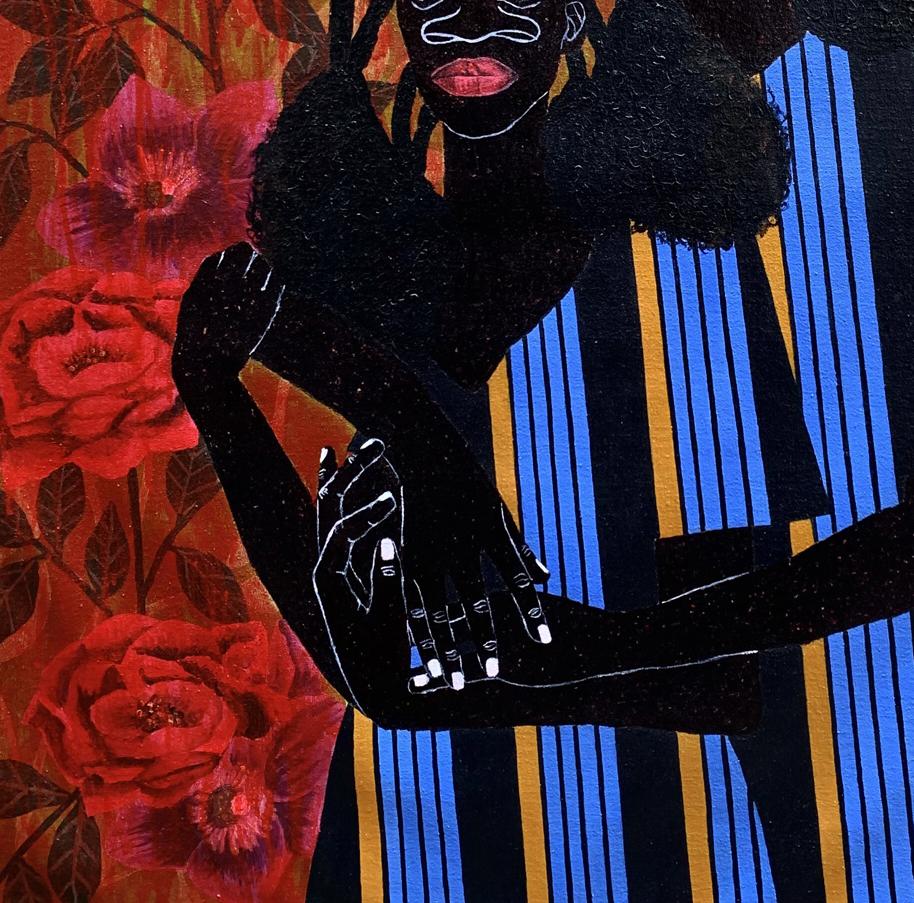 Stylized black silhouette woman with red lips in We Hold Each Other painting by Akintomide Akinshola