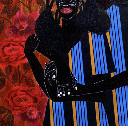 Stylized black silhouette woman with red lips in We Hold Each Other painting by Akintomide Akinshola
