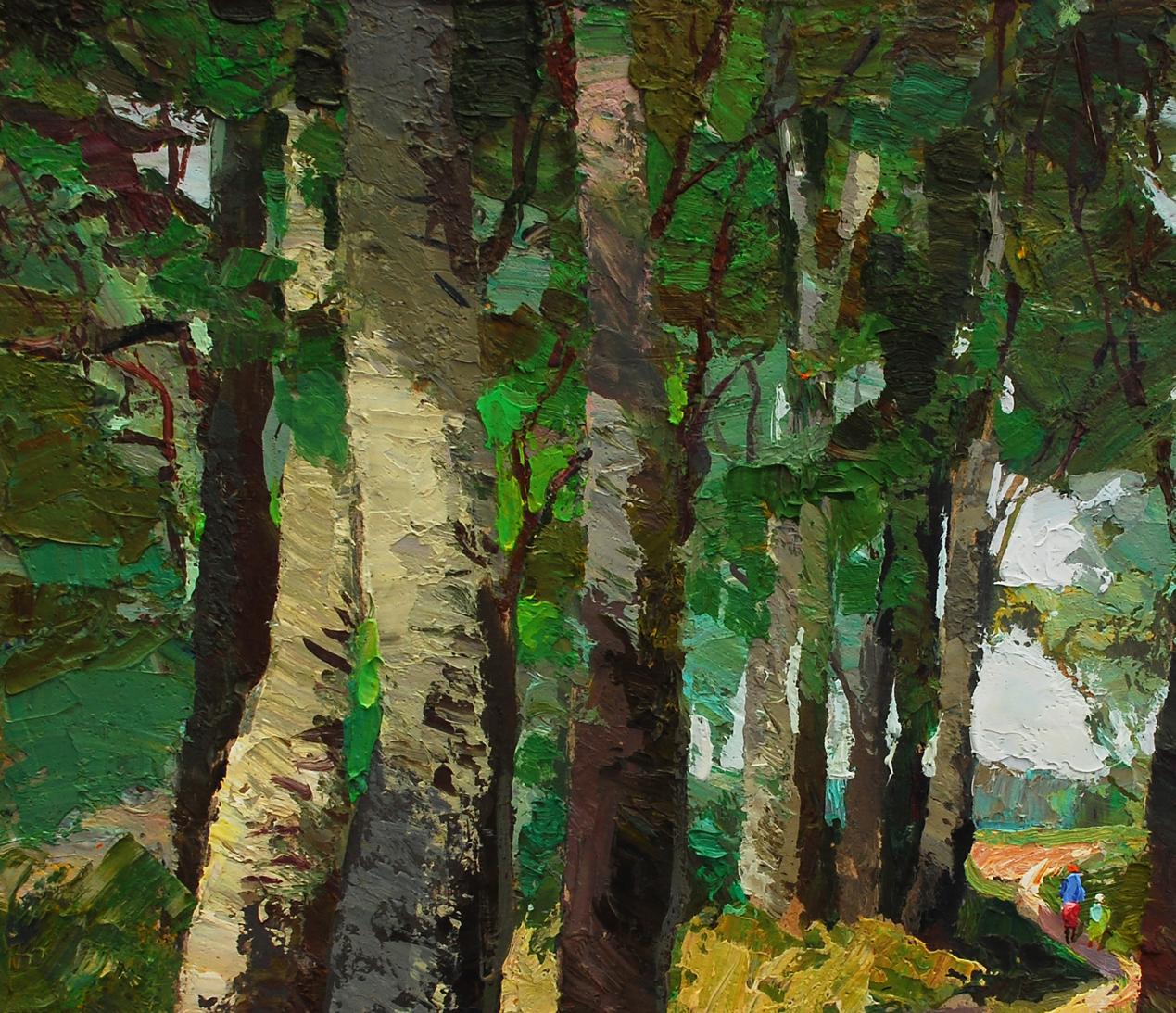 Textured oil painting of birch trees by Egor Shvachunov, Aspen day scene