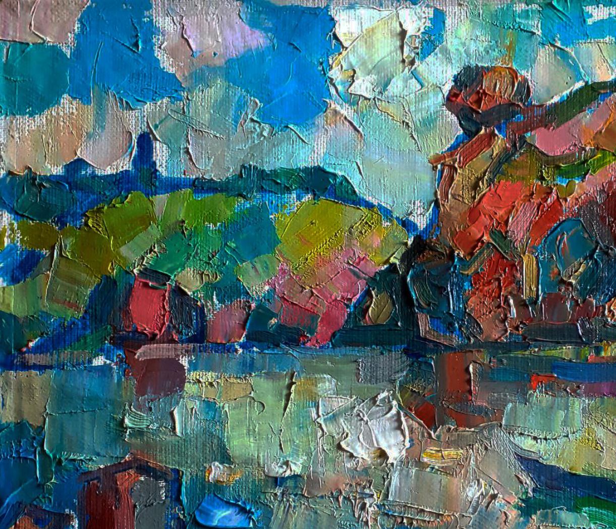Oil painting Rocky river bank by Pavel Dobrev with vibrant blue green red figure