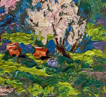 Vibrant Spring Blossom oil painting by Oleksiy Ivanyuk with textured green grass and abstract trees