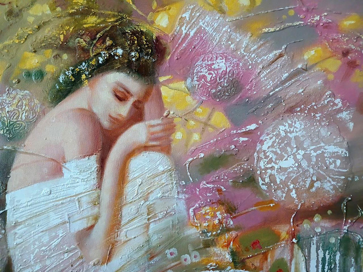Abstract oil painting White dream by Anatoly Tarabanov, woman in pink tones