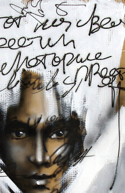 Back of Acrylic painting My Angel by Dima Filatov with black ink signatures on textured white canvas