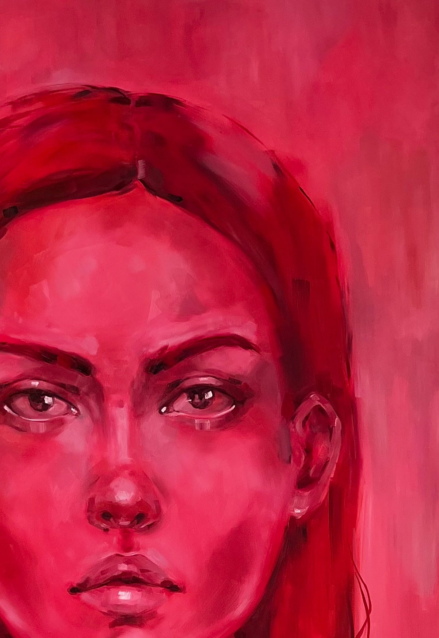 Vivid red oil portrait Doubt by Victoria Kagalovska, expressive eyes