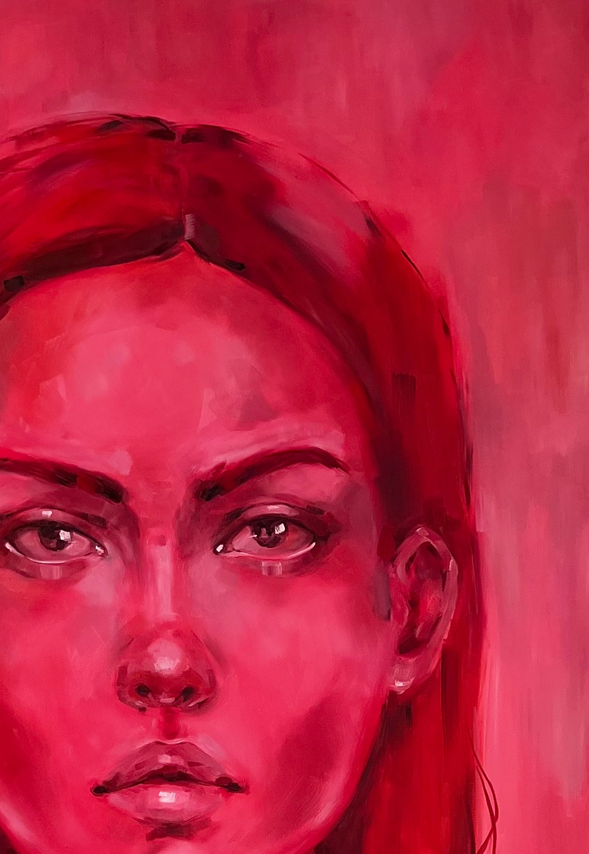 Vivid red oil portrait Doubt by Victoria Kagalovska, expressive eyes