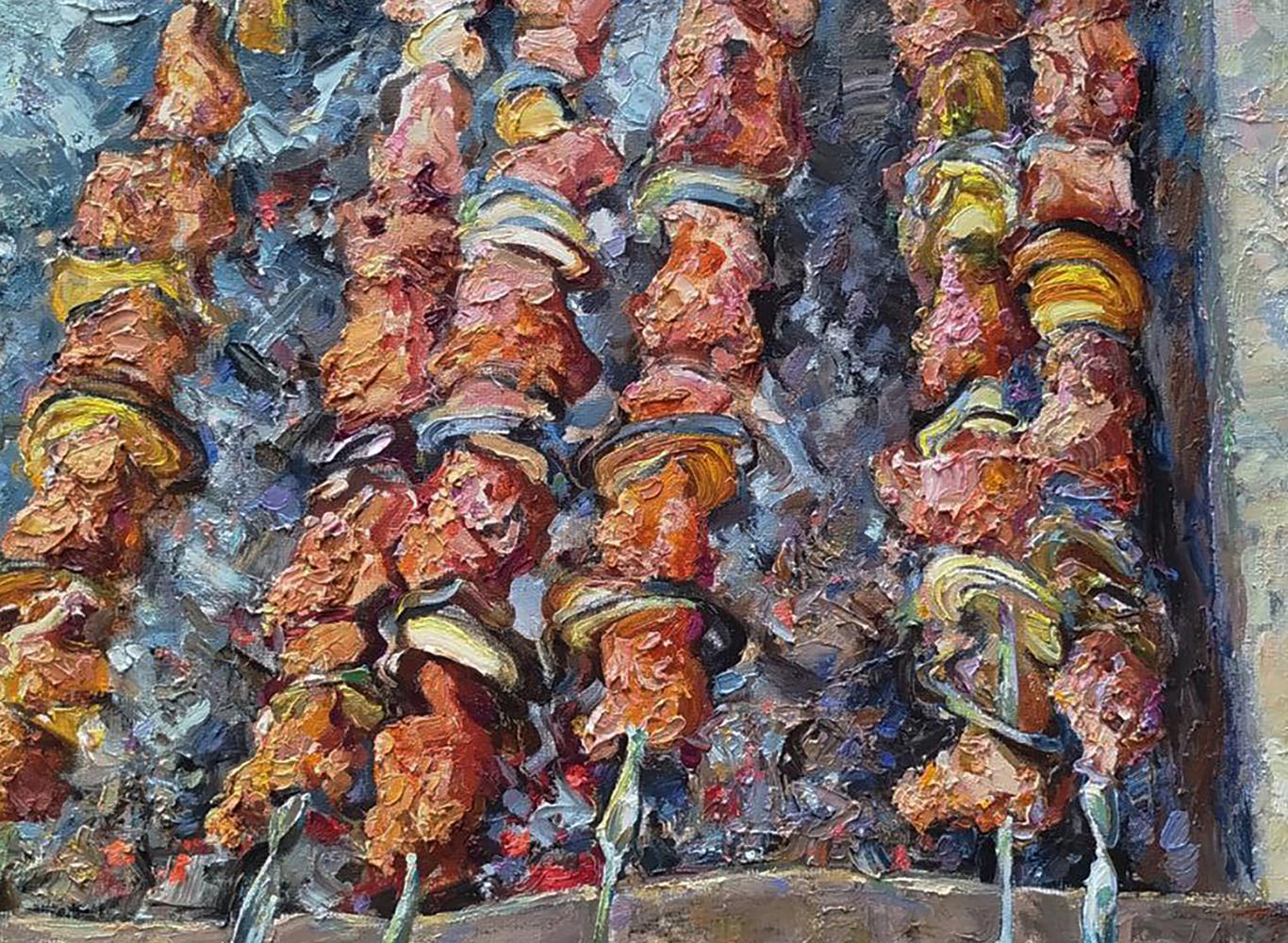 Oil painting of grilled meat skewers with onions by Leonid Pavlenko