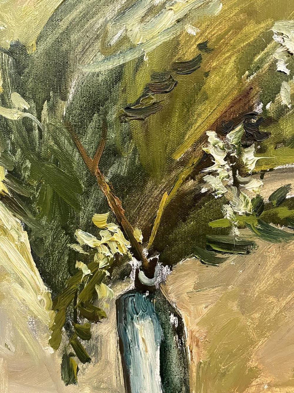 Oil painting still life with acacia branch vase and white green flowers by Oleksandr Andreev